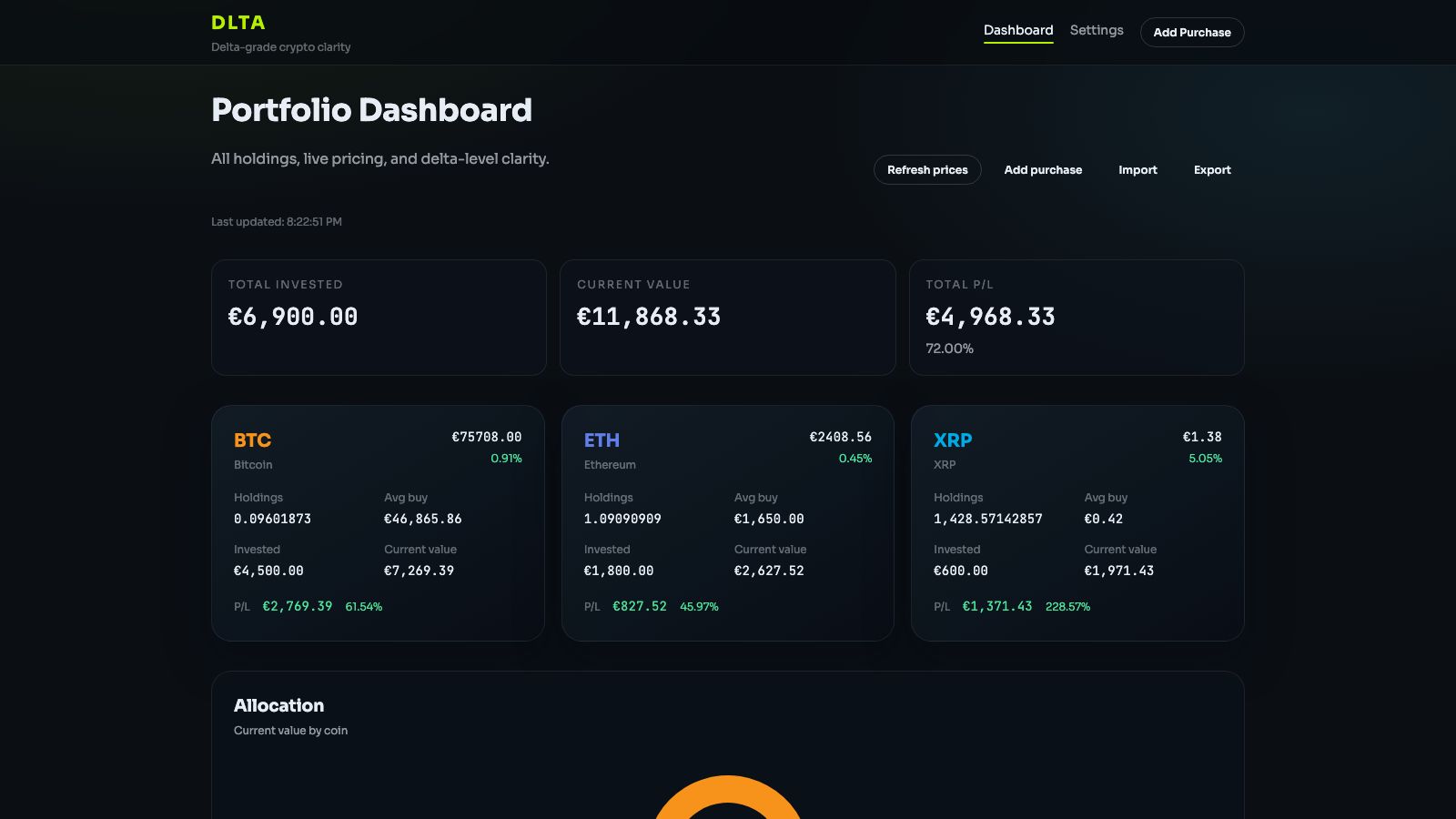 DLTA portfolio dashboard with totals and coin cards