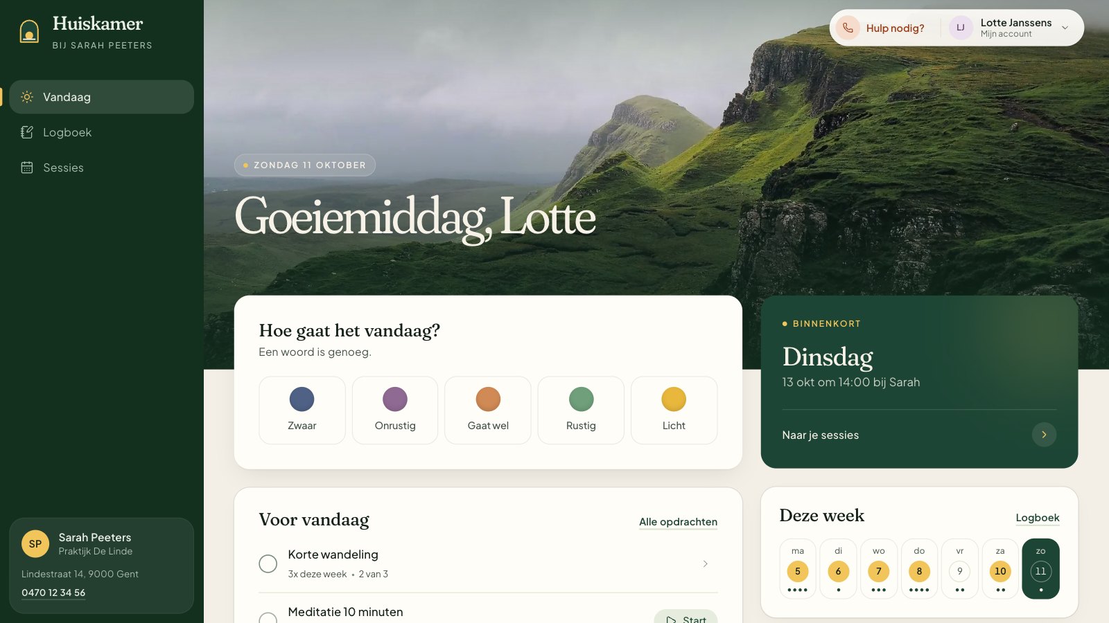 Huiskamer client home: a greeting over a landscape photo, a mood check-in, today&rsquo;s assignments and the next session