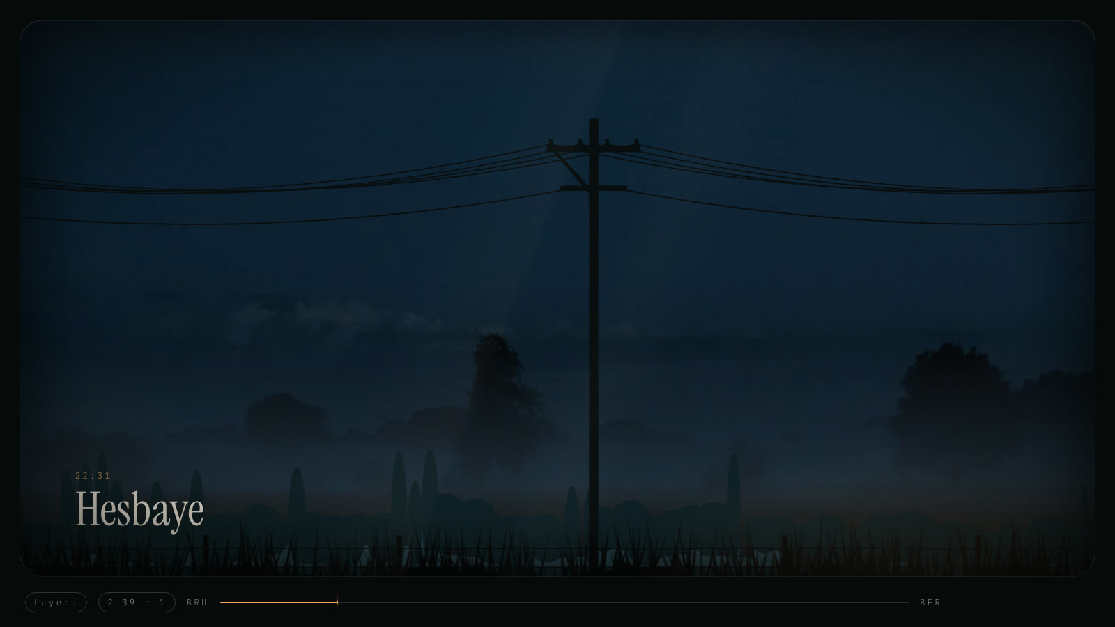 Hesbaye at 22:31: power lines and a tree line in the fog, each on its own layer