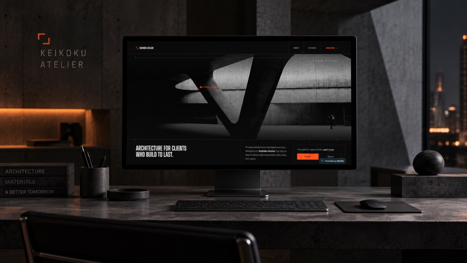 Keikoku Atelier architecture website shown on a laptop