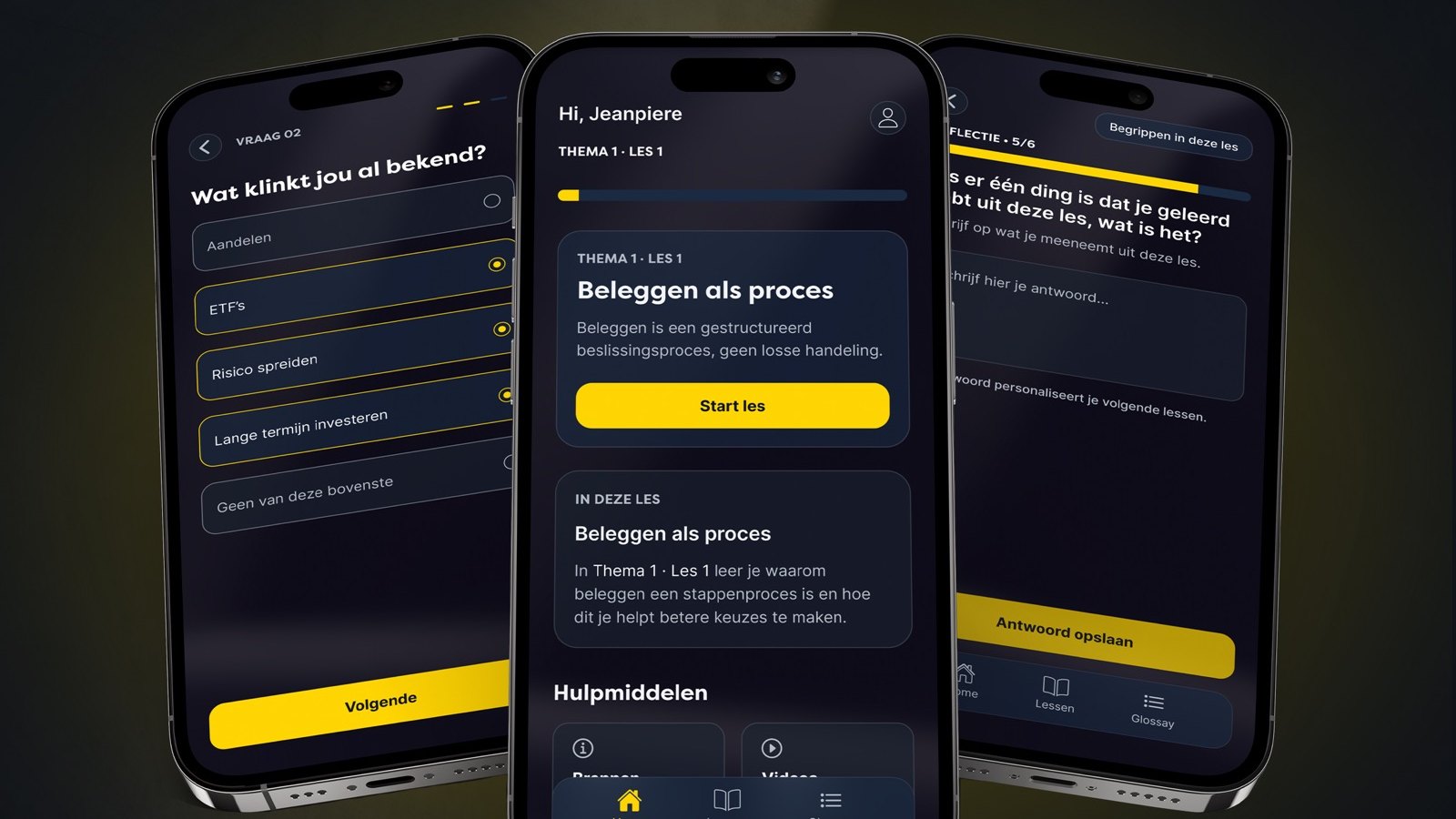 EQTY app screens showing an onboarding question, a lesson overview and a reflection prompt